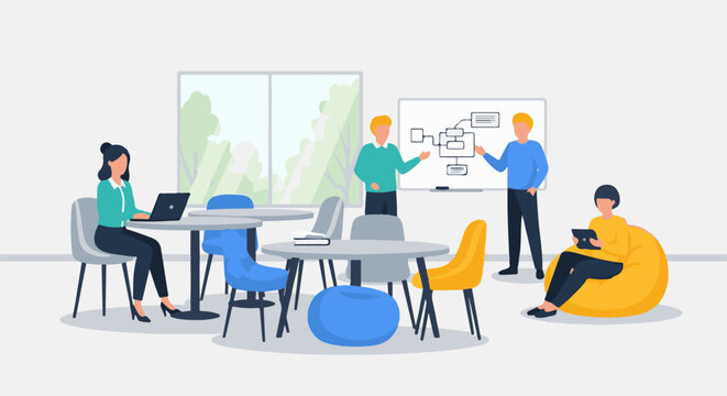 Diverse team collaborates in a modern office with a whiteboard and technology