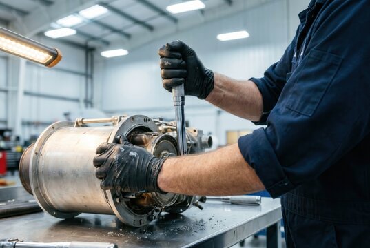technician with socket wrench disassembling APU combustor section on workbench teardown maintenance aircraft