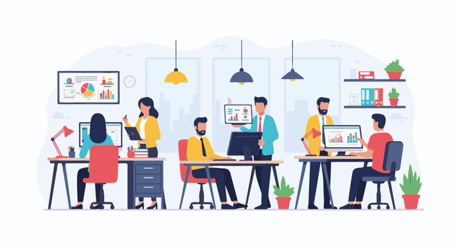 Diverse office workers collaborate, analyze data, and present findings on computers and tablets