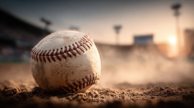 Close-up of a worn baseball resting on the dirt infield with stadium lights and sunset in the background