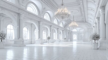 Naklejka premium Luxurious White Ballroom with Crystal Chandeliers and Ornate Architectural Details, Grand Interior