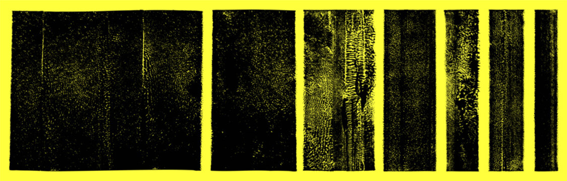 Linocut, relief printing, letterpress various rectangle shapes rough textures set, collection. Black textured backgrounds, text boxes frames. Paint roller geometric stains, lino ink grungy remains
