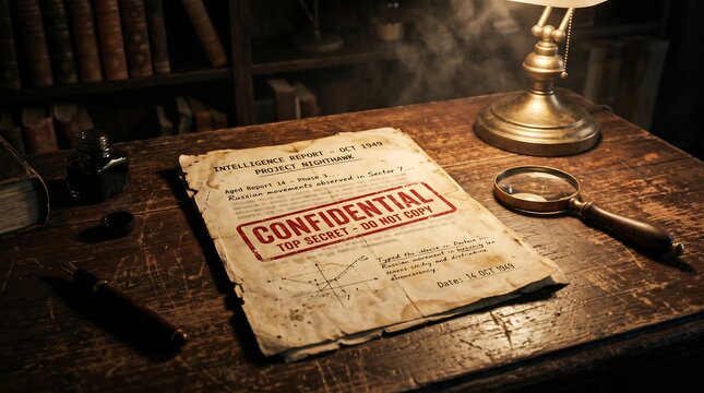 Vintage confidential document on a wooden desk with magnifying glass