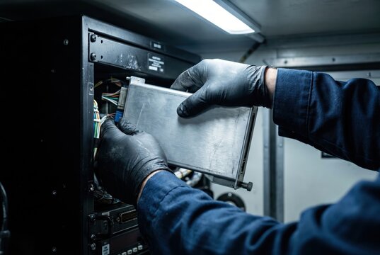 technician inserting avionics LRU into cramped bay wearing gloves confined access insertion