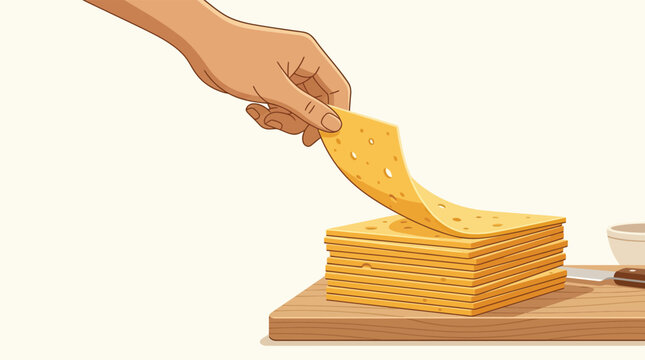 Human hand taking a thin slice of yellow cheese from a stack on a wooden board for sandwich preparation