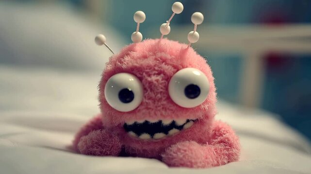 cute stuffed monster sits on a bed in hospital animation