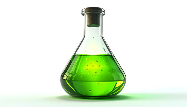 Green Liquid in a Laboratory Flask with Bubbles.