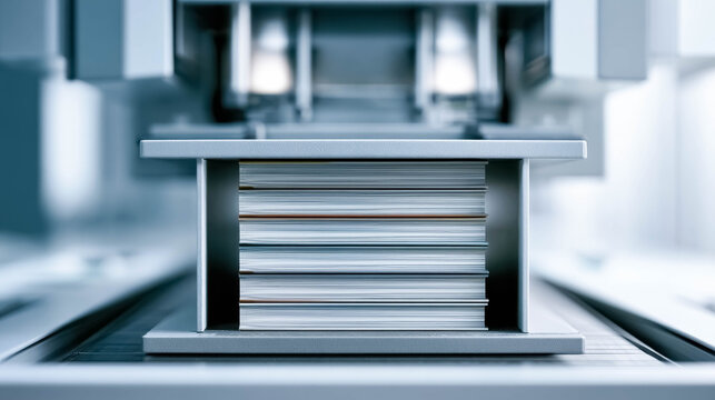 Stack of books compressed in industrial book press machine, printing and binding process concept