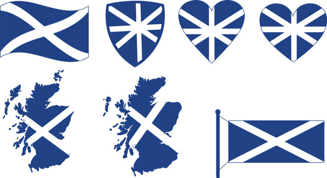 Collection of Scotland flag variations in different shapes and map outlines. Ideal for travel culture, and national identity themes in marketing design. Clean flat design.