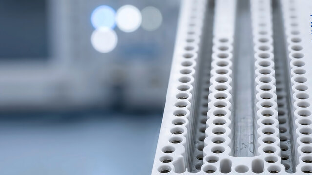 Aerial Macro of White Prototyping Breadboard Holes with Blurred Laboratory LEDs