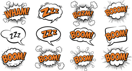 Comic Book Sound Effect Speech Bubble Set with Boom, Wham, Zzz Expressions for Retro Pop Art Cartoon and Manga Designs © Md