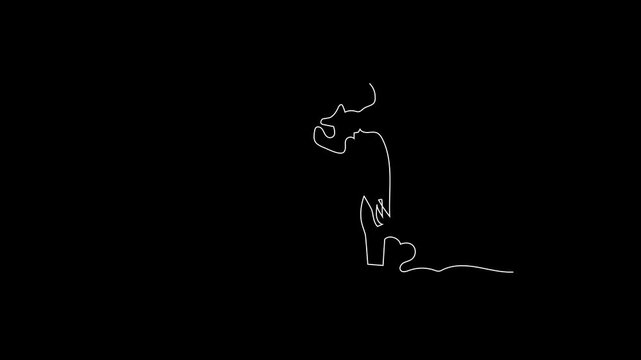 Single line drawing of a hand making rock gesture on black background
