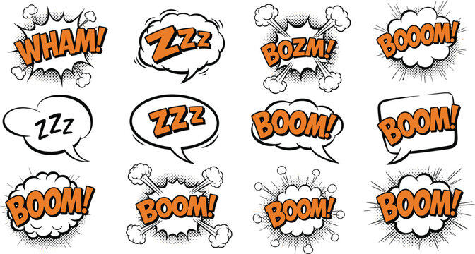Comic Book Sound Effect Speech Bubble Set with Boom, Wham, Zzz Expressions for Retro Pop Art Cartoon and Manga Designs