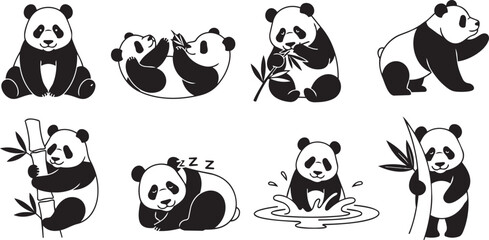 Obraz premium Cute cartoon cats sleeping sitting standing yawning and stretching in simple black and white line