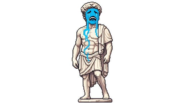 Ancient Greek statue crying blue tears in modern times.