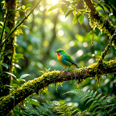 Naklejka premium Colorful tropical bird perched branch surrounded lush green rainforest environment