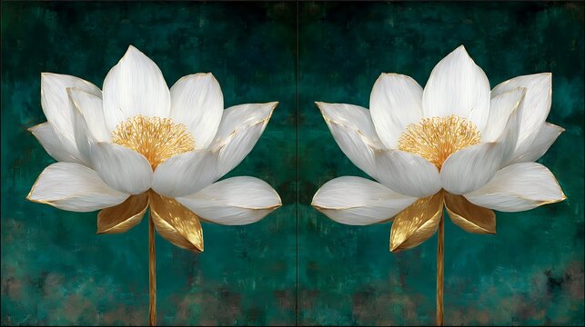 Pair of white lotus flowers with gold stems and petals on a dark teal green textured