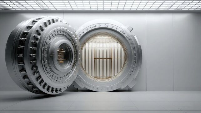 Open bank vault door with secure metal grid inside, representing safety and wealth storage