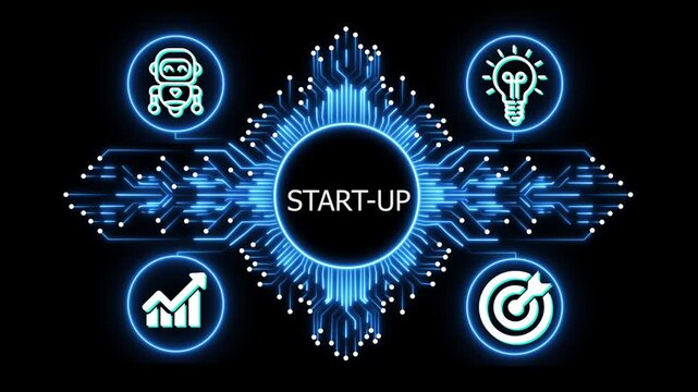 start-up logo on glowing circuit board network, connected business icons for finance, analytics, partnership, growth and innovation on black background