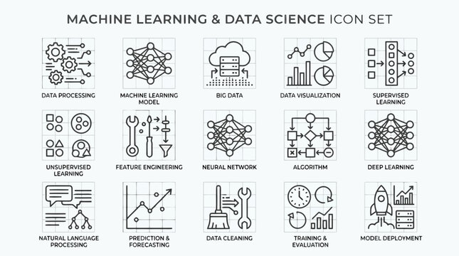 Machine learning and data science icon set, featuring data processing, machine learning models, big data, data visualization, supervised and unsupervised learning.