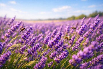 Fototapeta premium Blooming lavender field with flying bees under blue sky natural summer landscape with fragrant flowers