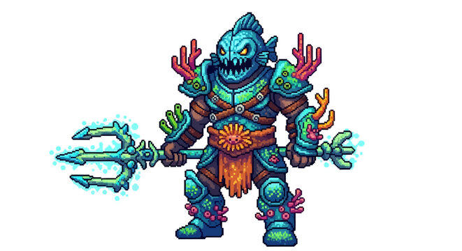 Aquatic Warrior Creature with Trident and Coral Armor.