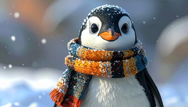 Adorable penguin with a colorful scarf in a winter wonderland.