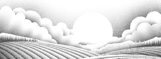 Fields rolling hills and mountains farm landscape background illustration with countryside mountains, sunrise sun, clouds and trees. Original rural background drawing in vintage pointillism dot style © Christos Georghiou