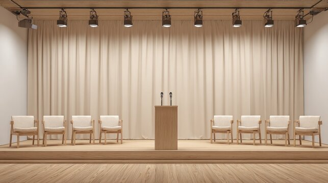 Empty Auditorium Stage with Podium, Microphones, and Chairs Ready for Presentation or Conference