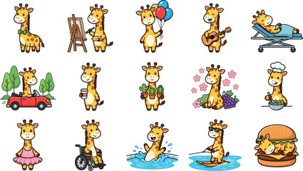 Cute giraffe character set painting playing guitar driving swimming cooking and healthcare lifestyle for nursery kids education school activity vector illustration collection design stickers icons gra © Sariful