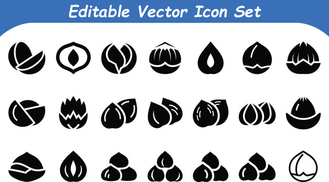 Editable vector icon set of various nuts and seeds with sunflower seed pumpkin seed food icon