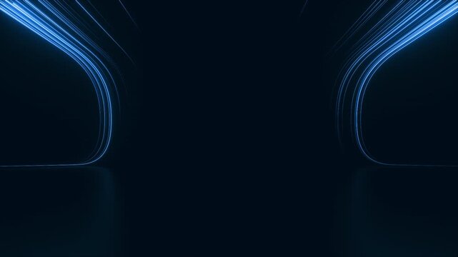 Seamless looping 3D animation of glowing blue particles and neon light trails. Perfect for technology backgrounds, internet networks, digital communication, and science fiction visuals.
