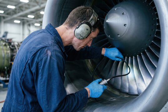 technician inspecting CFM56 fan blade with borescope in engine inspection aircraft maintenance line