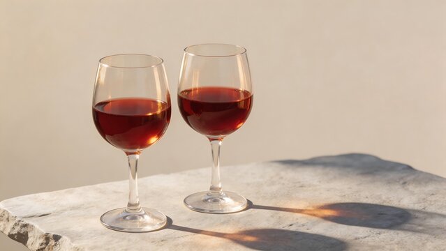 Two glasses of red wine on stone surface