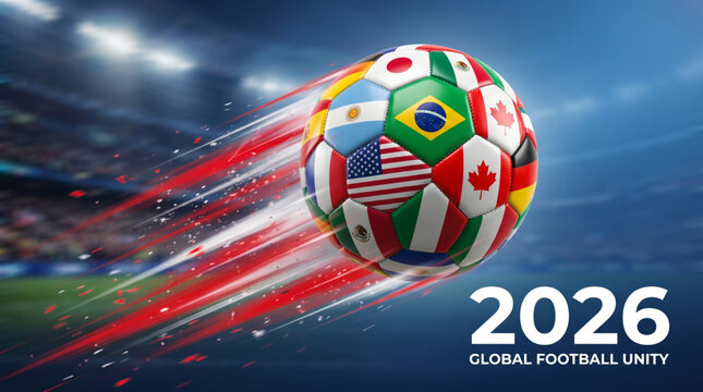 Global football unity 2026 vector illustration with soccer ball and world nation flags in fast motion over stadium background for sports event
