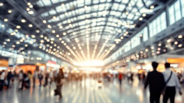 Busy indoor public space with many people and bright overhead lights
