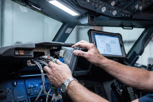 technician removing MFD display in cockpit with tablet AMM line maintenance