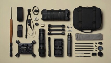 Fototapeta premium Essential Gear Display: A comprehensive array of professional camera equipment, meticulously arranged to showcase the tools of the trade.