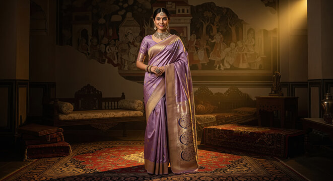 young indian woman wearing traditional sari and jwelery