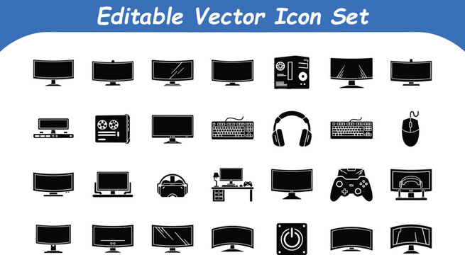 Set of electronic devices and computer accessories icons display screens peripherals gaming console