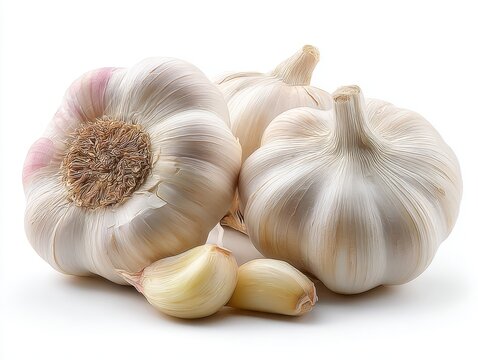 Fresh Whole Garlic Bulbs and Peeled Cloves Isolated on White Background for Culinary Use