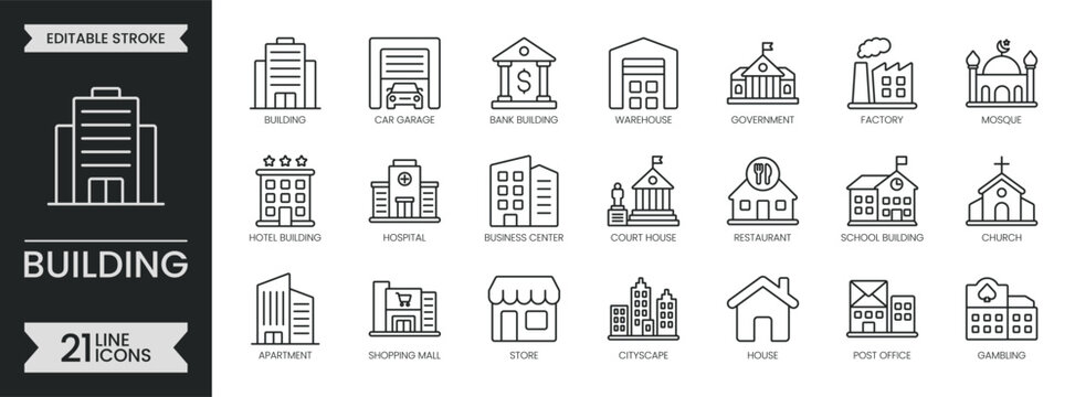 Building outline icon set. Containing city architecture, real estate, business center, hospital, school, house, urban, office, hotel, factory and more. Editable stroke icons pack. Vector illustration