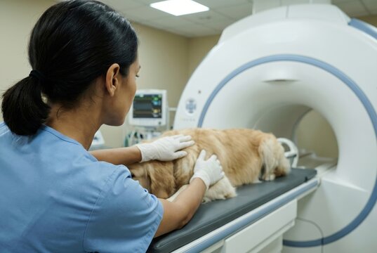veterinary technician positioning golden retriever on MRI table 1.5T scan imaging