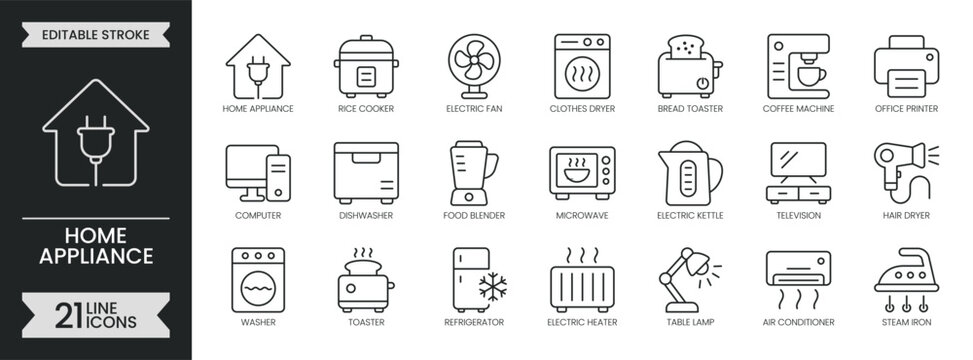 Home appliance outline icon set. Containing household electronics, kitchen equipment, technology, refrigerator, microwave, conditioner, washer and more. Editable stroke icons pack. Vector illustration