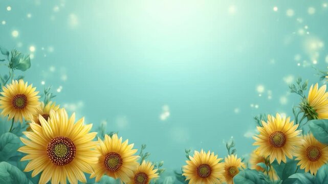 Bright yellow flowers bloom against a soft blue background with bokeh