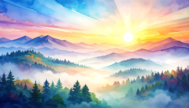 Pixelated sunrise over misty mountains with vibrant sky, digital art, serene landscape, dawn light rays breaking through clouds