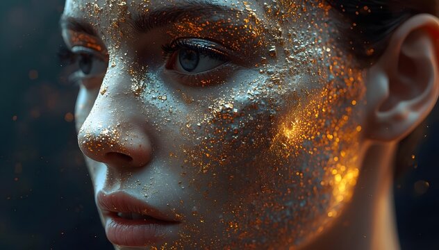 Human Face Blending Metallic Dust and Natural Organic Pores, Hybrid Material and Bio-Mechanical Cybernetic Concept