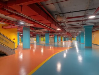 Naklejka premium Vibrant Underground Parking Garage with Colorful Floors, Red Pipes, and Blue Pillars
