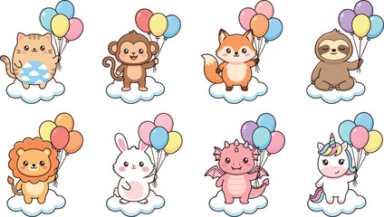 Fototapeta premium Cute animal character set holding colorful balloons standing on clouds featuring cat monkey fox sloth lion rabbit dragon unicorn for nursery kids birthday party vector illustration collection design.