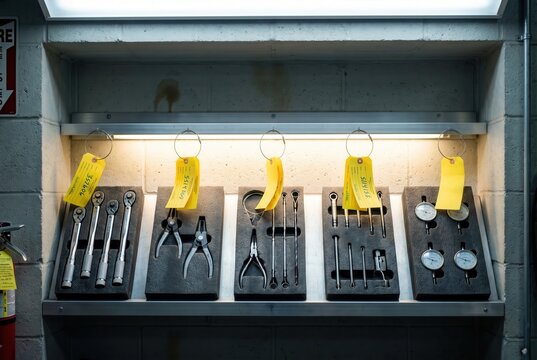 tool tray with wrenches pliers gauges on backlit calibration shelf precision